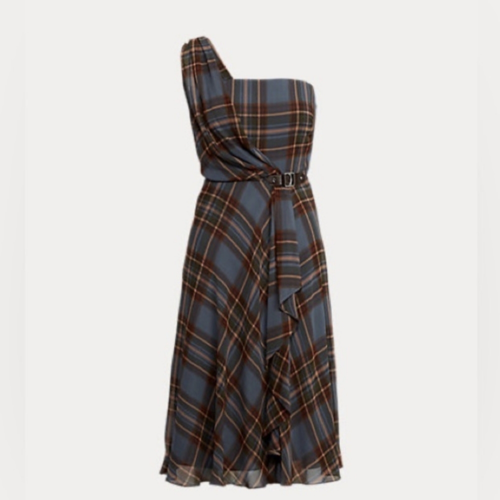 Ralph Lauren Plaid Crinkle Georgette Outlander Scottish One Shoulder Cocktail